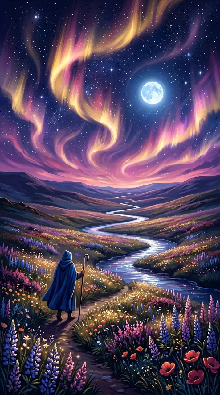 Celestial Landscape with Full Moon and Golden Aurora - Free Mobile AMOLED Wallpaper Background