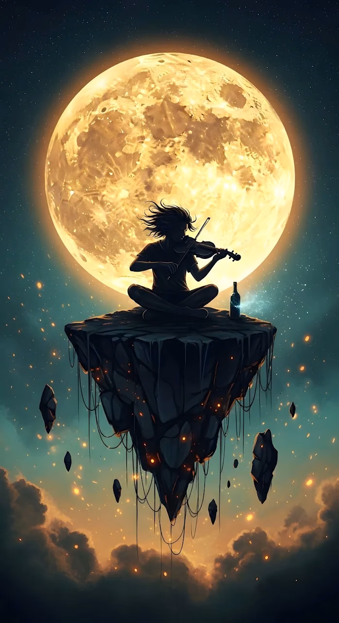 Celestial Violin Serenade: Floating Island under Giant Golden Moon - Free Mobile AMOLED Wallpaper Background