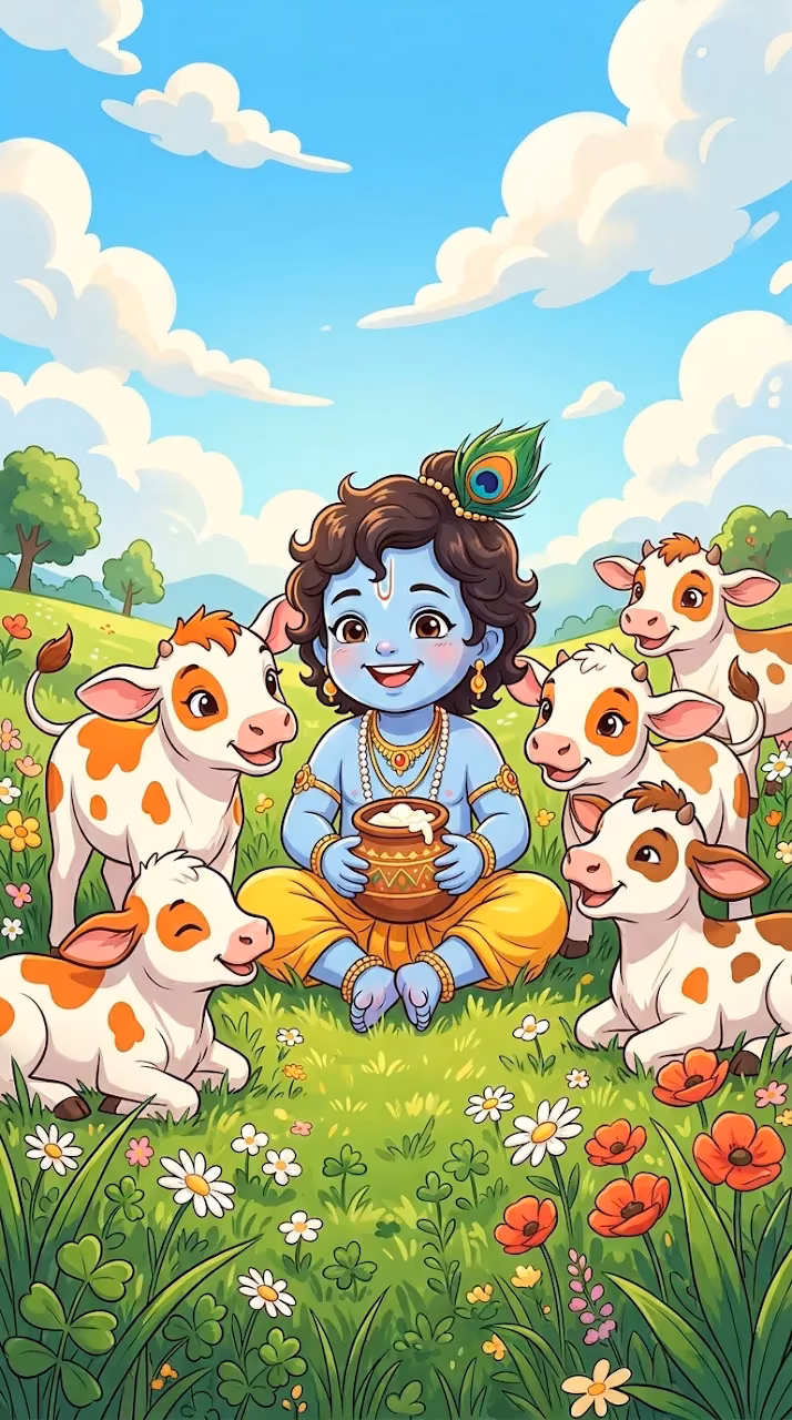 Charming Cartoon Baby Krishna with Calves in Sunny Meadow - Free Mobile AMOLED Wallpaper Background