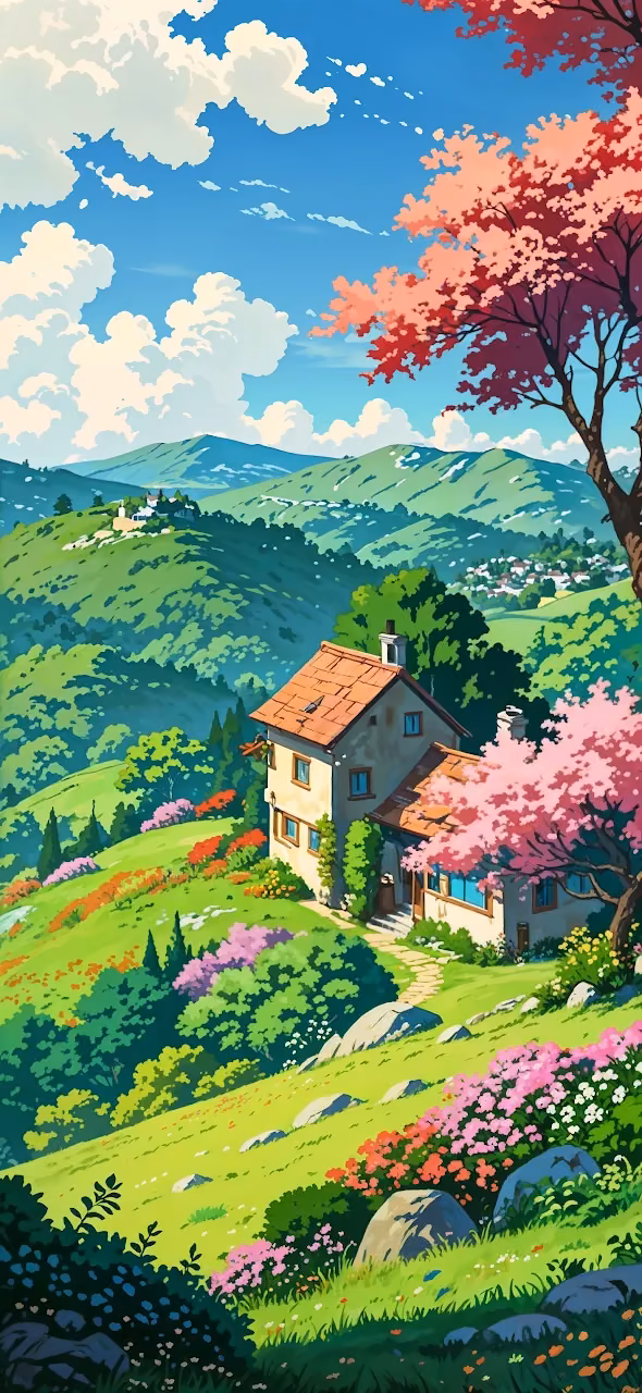 Charming Cottage on Flowered Hillside Under Blue Sky - Free Mobile AMOLED Wallpaper Background