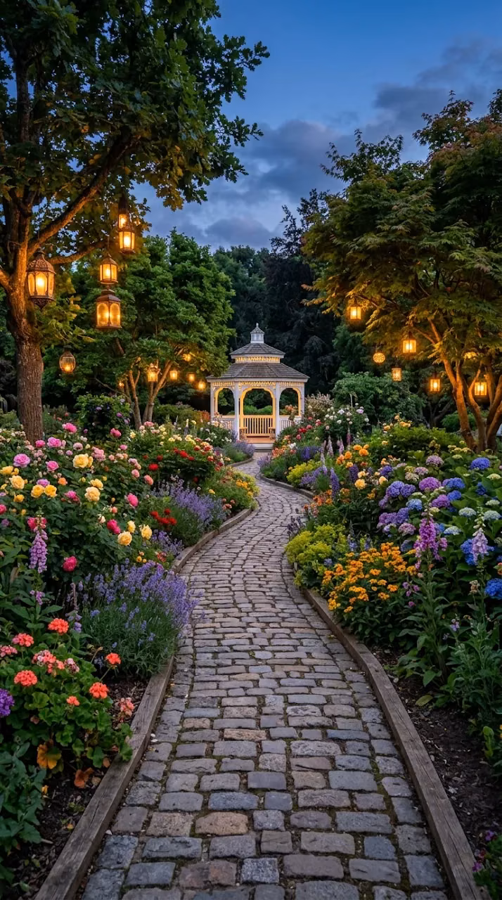 Download Charming Garden Cobblestone Path with Gazebo and Hanging Lanterns Wallpaper in Mobile HD Charming Garden Cobblestone Path with Gazebo and Hanging Lanterns - Free Mobile AMOLED Wallpaper Background