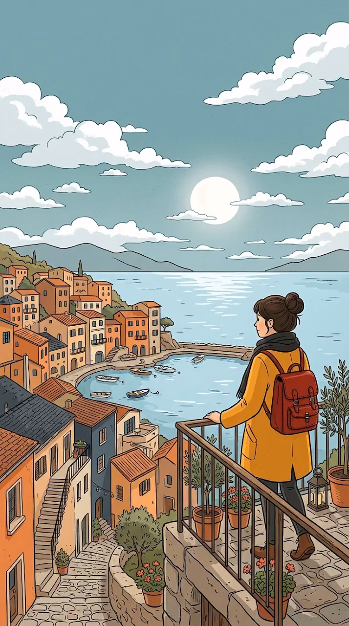 Charming Hand Drawn Illustration of Traveler Overlooking Coastal Town - Free Mobile AMOLED Wallpaper Background