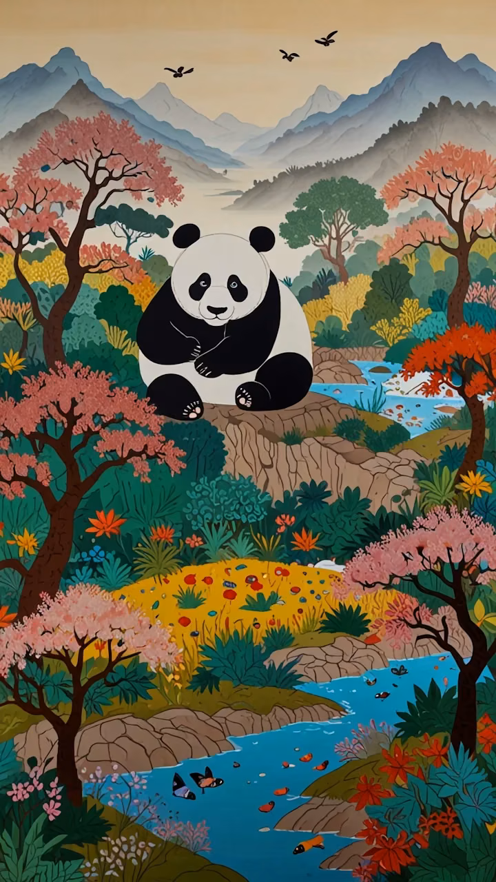 Download Charming Panda in Lush Asian Spring Landscape Illustration Wallpaper in 4K UHD Charming Panda in Lush Asian Spring Landscape Illustration - Free 4K Desktop Wallpaper Background