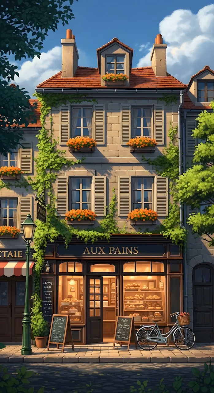 Charming Parisian Bakery with Ivy and Bicycle - Free Mobile AMOLED Wallpaper Background
