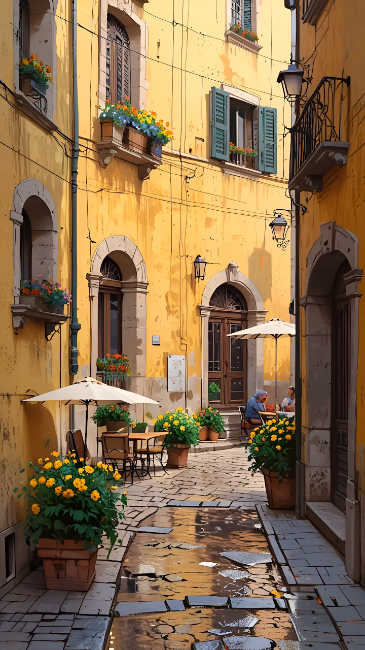 Charming Sunny Italian Alleyway Cafe Yellow Stucco Walls - Free Mobile AMOLED Wallpaper Background