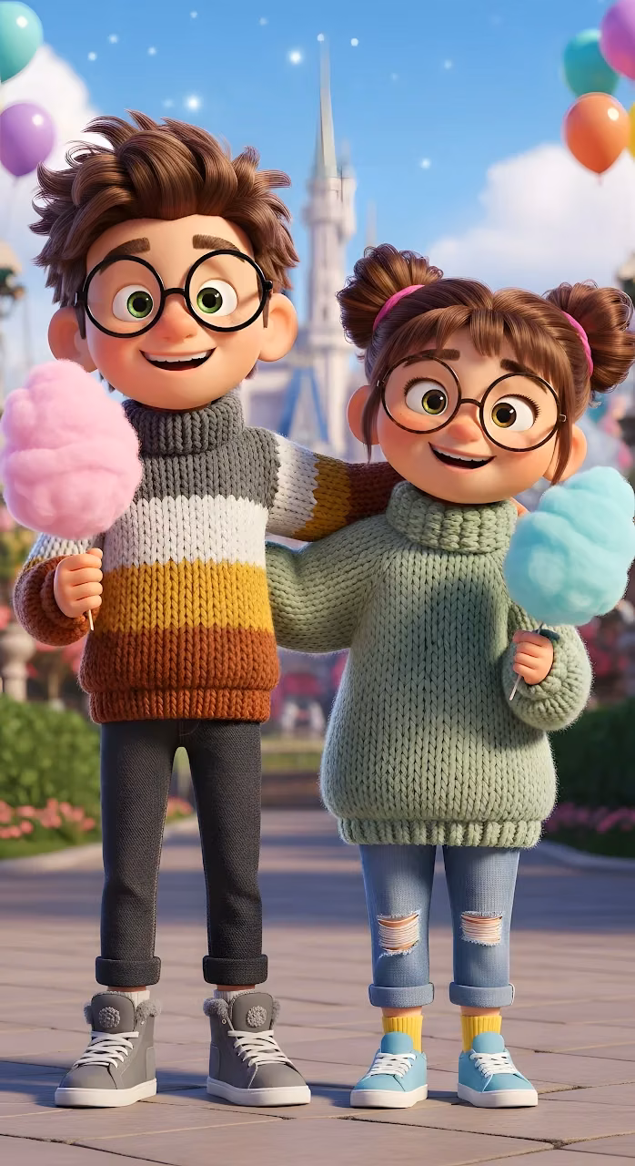 Cheerful 3D Animated Couple Holding Cotton Candy - Free Mobile AMOLED Wallpaper Background