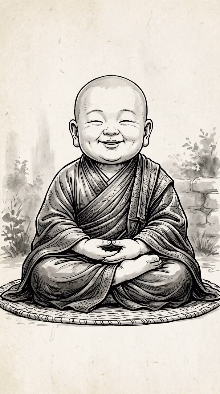 Download Cheerful Baby Monk Meditating in Greyscale Digital Ink Style Wallpaper in Mobile HD Cheerful Baby Monk Meditating in Greyscale Digital Ink Style - Free Mobile AMOLED Wallpaper Background