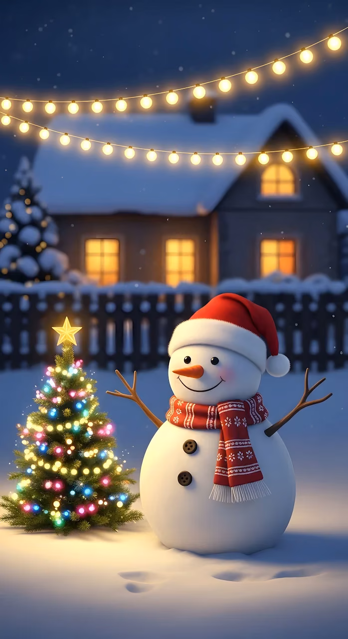 Cheerful Snowman Beside Glowing Christmas Tree Night Scene - Free Mobile AMOLED Wallpaper Background