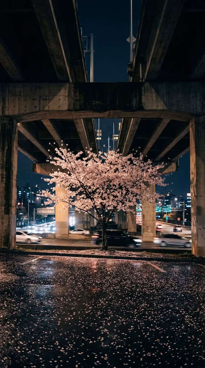 Cherry Blossom Tree Blooming Beneath City Overpass - Free Mobile AMOLED Wallpaper Background
