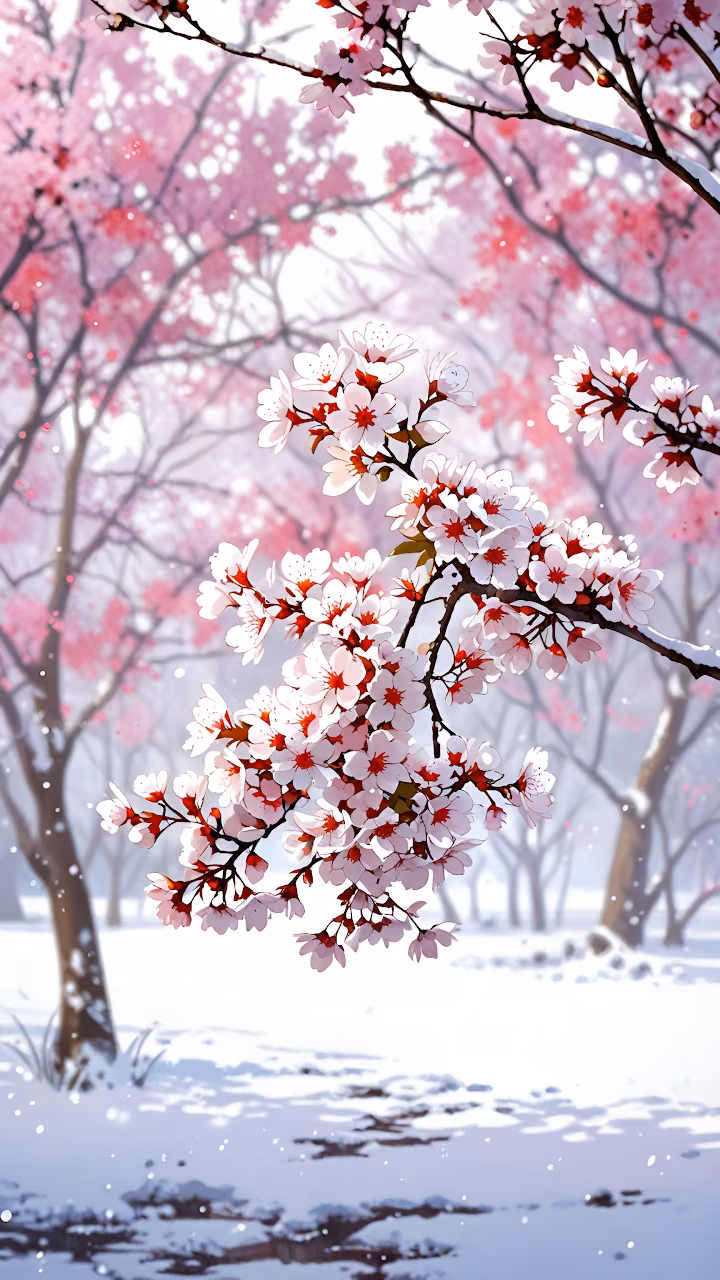 Download Cherry Blossoms Blooming in Snowy Winter Landscape Wallpaper in Mobile HD Cherry Blossoms Blooming in Snowy Winter Landscape - Free Mobile AMOLED Wallpaper Background