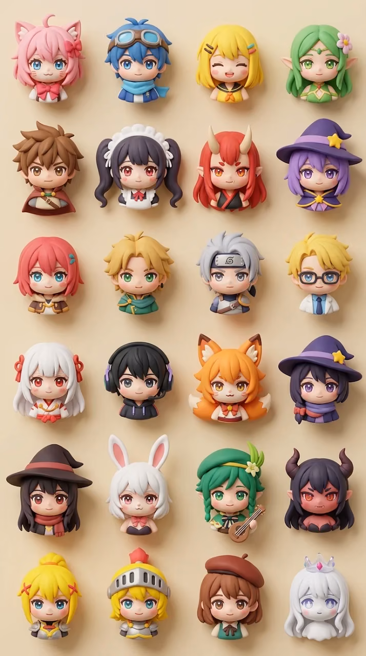 Chibi Anime Character Heads Grid Mobile Wallpaper - Free Mobile AMOLED Wallpaper Background