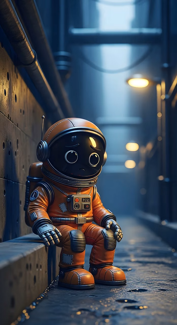 Chibi Astronaut Sitting Alone in Dark Industrial Alleyway - Free Mobile AMOLED Wallpaper Background
