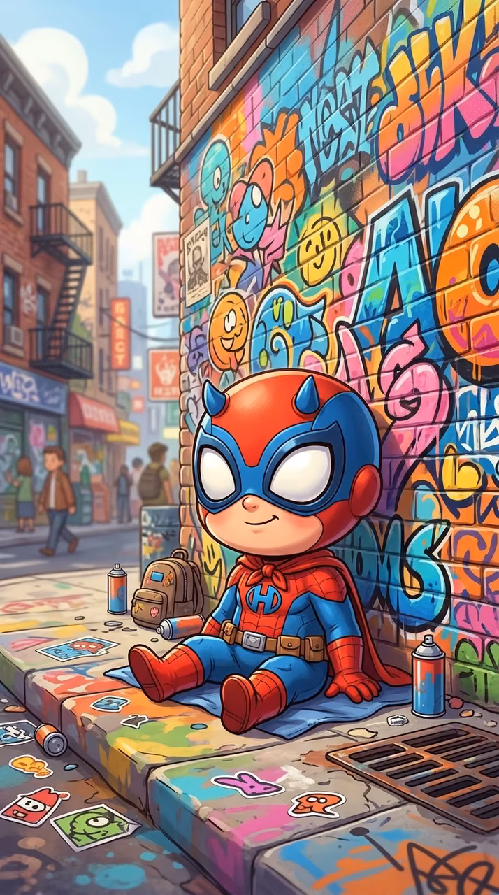 Download Chibi Masked Hero Sitting Against Graffiti Street Wall Wallpaper in Mobile HD Chibi Masked Hero Sitting Against Graffiti Street Wall - Free Mobile AMOLED Wallpaper Background