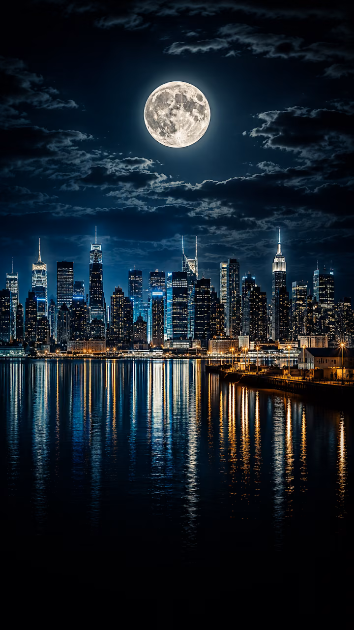 Download Chicago Skyline Under a Massive Glowing Full Moon Nightscape Wallpaper in Mobile HD Chicago Skyline Under a Massive Glowing Full Moon Nightscape - Free Mobile AMOLED Wallpaper Background