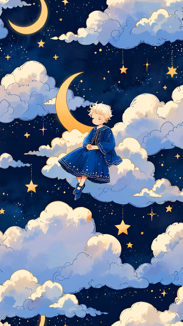Download Child in Blue Dress Sitting on Cloud Under Starry Night Sky Wallpaper in Mobile HD Child in Blue Dress Sitting on Cloud Under Starry Night Sky - Free Mobile AMOLED Wallpaper Background
