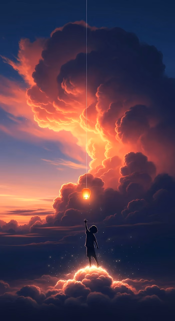 Child Reaching for a Lantern Above Fiery Sunset Clouds - Free Mobile AMOLED Wallpaper Background