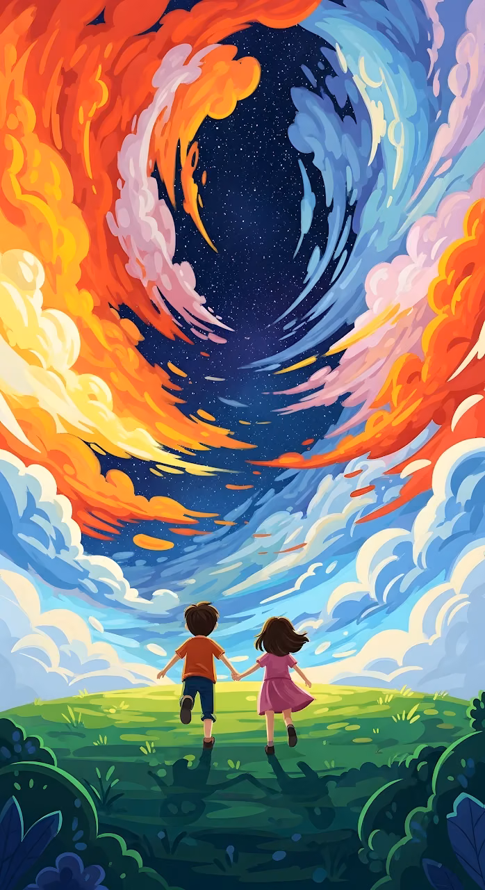 Download Children Running Towards Cosmic Sky Vortex Illustration Wallpaper in Mobile HD Children Running Towards Cosmic Sky Vortex Illustration - Free Mobile AMOLED Wallpaper Background