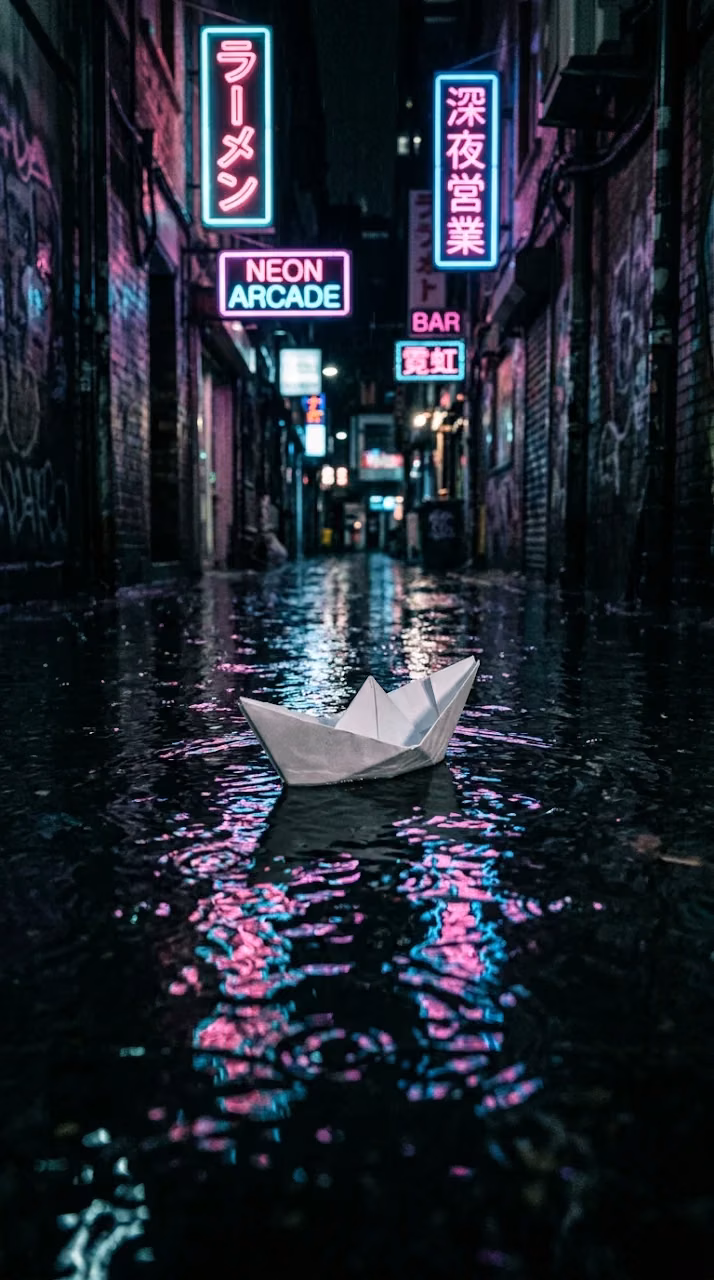 Download Child's Paper Boat in Flooded Neon Alley After Rain Wallpaper in Mobile HD Child's Paper Boat in Flooded Neon Alley After Rain - Free Mobile AMOLED Wallpaper Background
