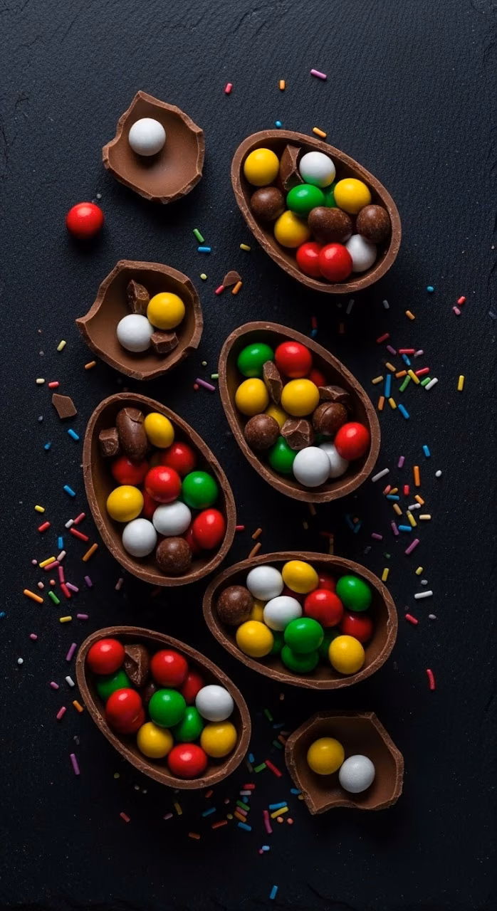 Download Chocolate Easter Eggs Filled with Colorful Candy on Dark Surface Wallpaper in Mobile HD Chocolate Easter Eggs Filled with Colorful Candy on Dark Surface - Free Mobile AMOLED Wallpaper Background