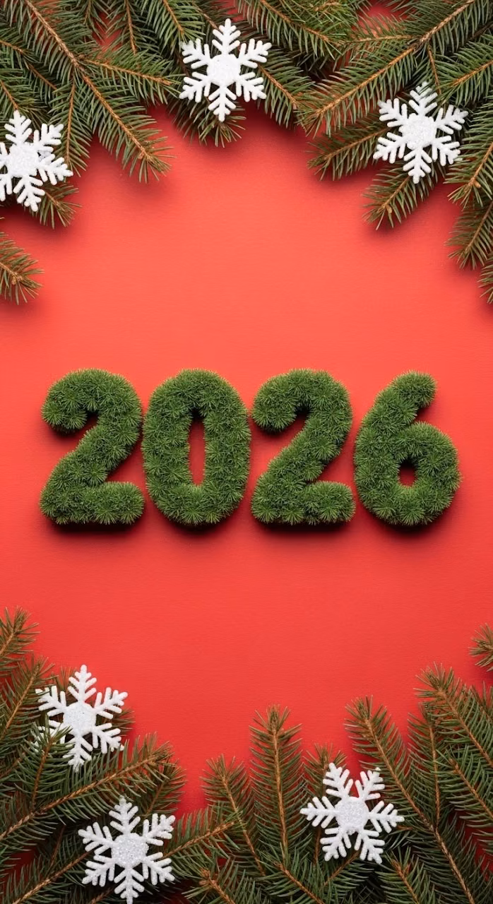 Christmas 2026 Typography with Pine Needles and Snowflakes - Free Mobile AMOLED Wallpaper Background