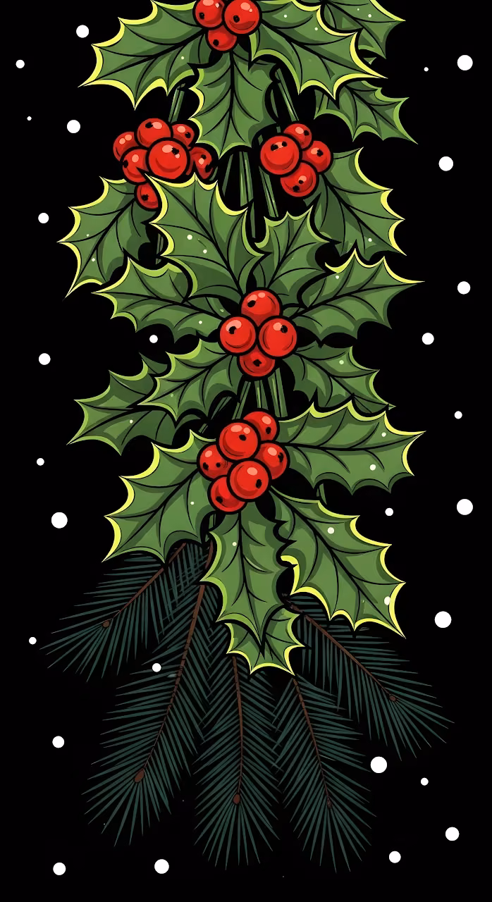 Christmas Holly Berries Fir Garland Black Background Illustration - Free Mobile AMOLED Wallpaper Background
