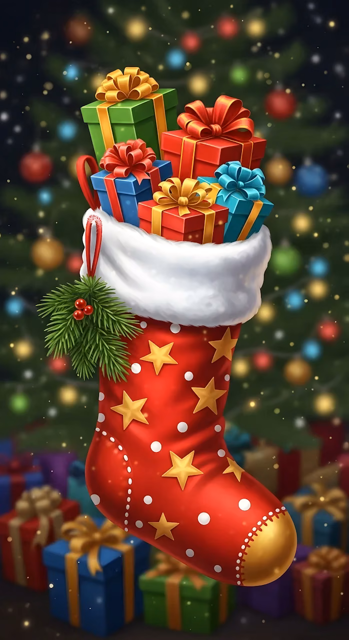 Christmas Stocking Overflowing with Festive Gifts - Free Mobile AMOLED Wallpaper Background