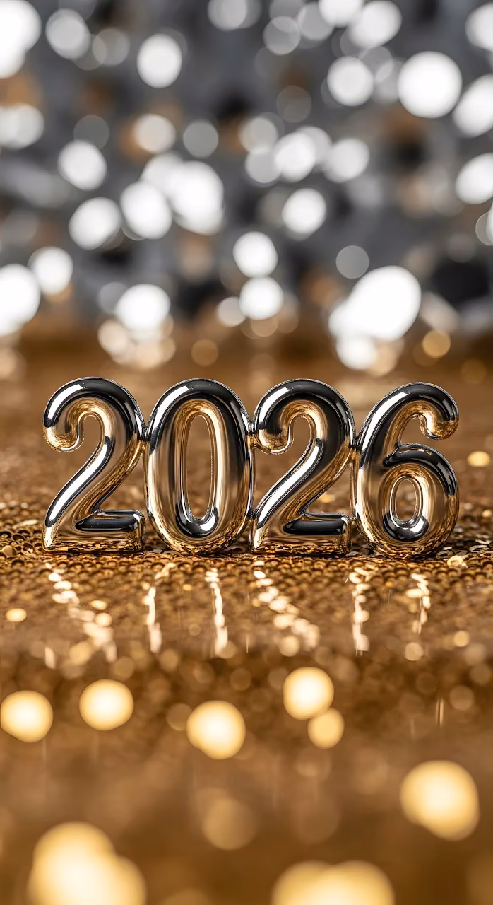 Chrome 2026 Numbers on Gold Glitter Bokeh - Free Mobile AMOLED Wallpaper Background