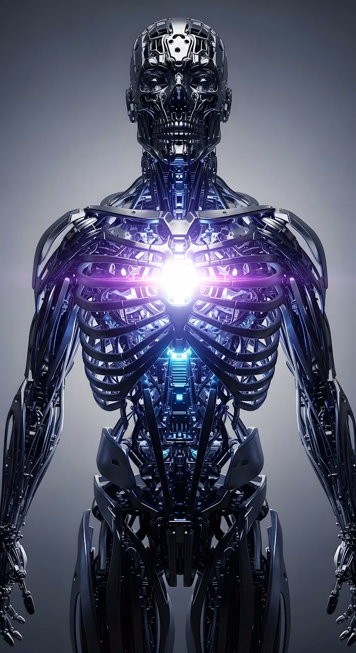 Chrome Cyborg Endoskeleton with Glowing Energy Core - Free Mobile AMOLED Wallpaper Background