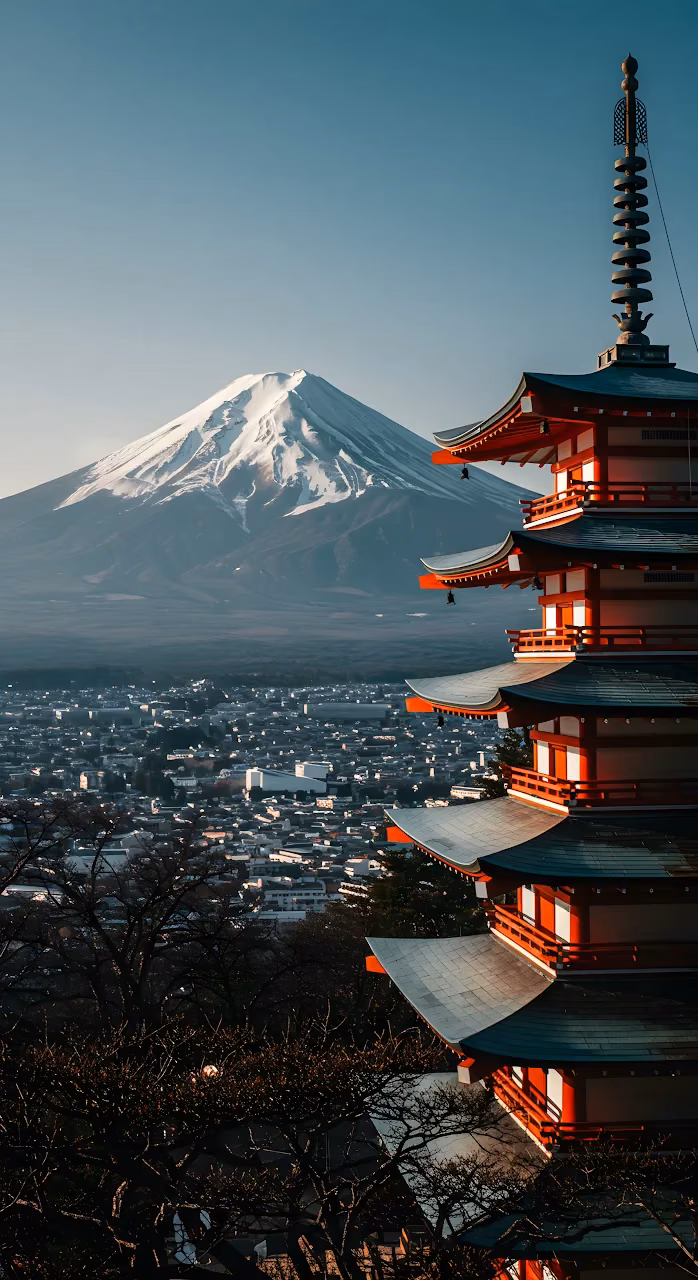 Download Chureito Pagoda Overlooking Fujiyoshida and Mount Fuji Wallpaper in Mobile HD Chureito Pagoda Overlooking Fujiyoshida and Mount Fuji - Free Mobile AMOLED Wallpaper Background