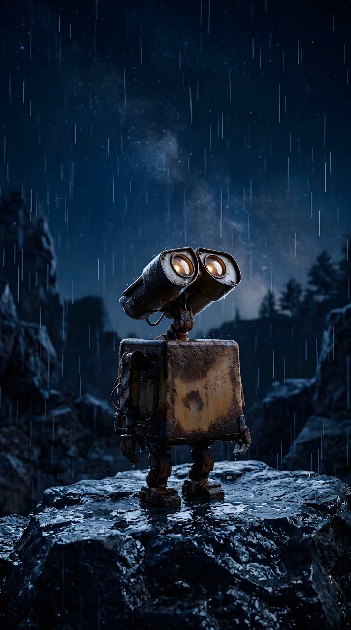 Cinematic 3D Render of a Small Rusty Robot Standing in a Rainy Night - Free Mobile AMOLED Wallpaper Background
