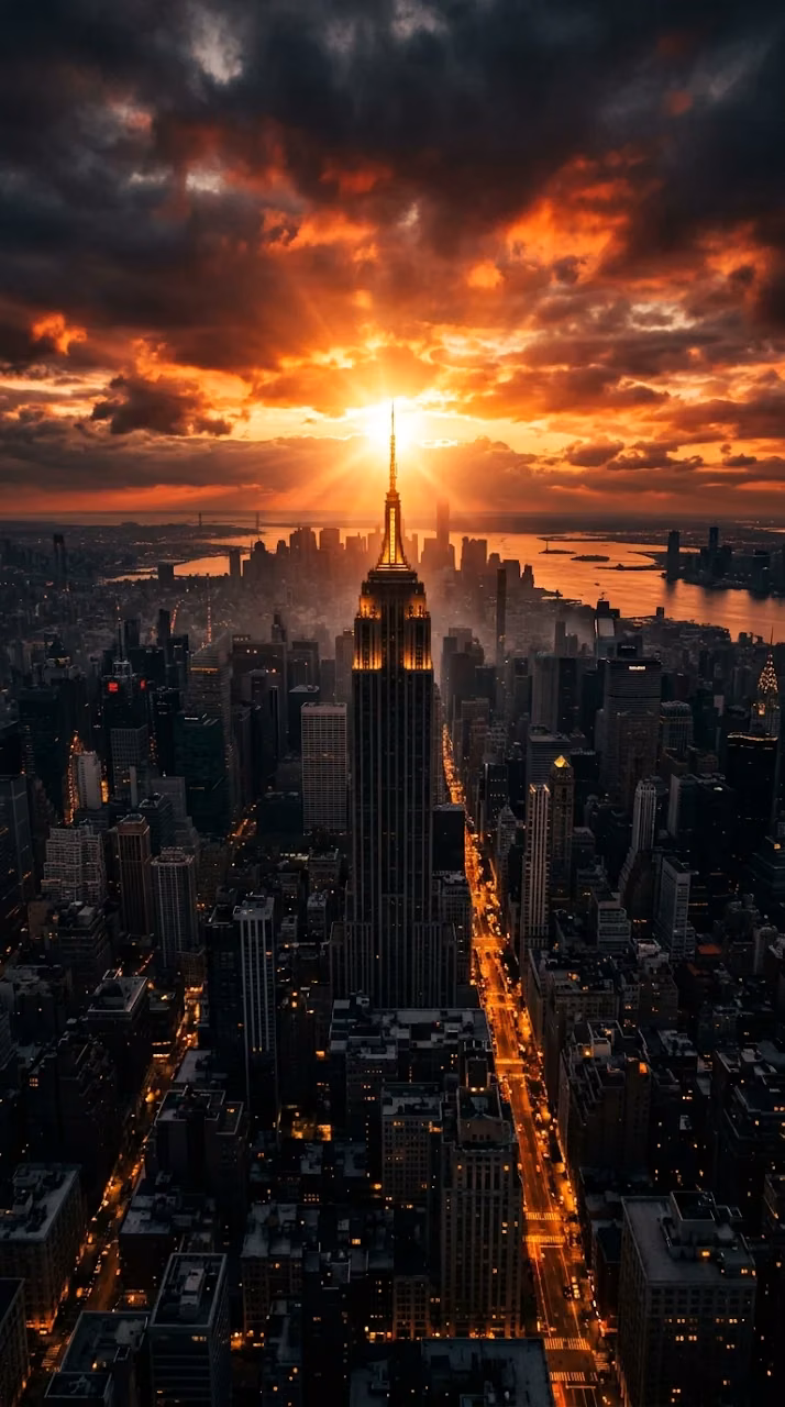 Cinematic Aerial Sunset over Empire State Building in New York City - Free Mobile AMOLED Wallpaper Background