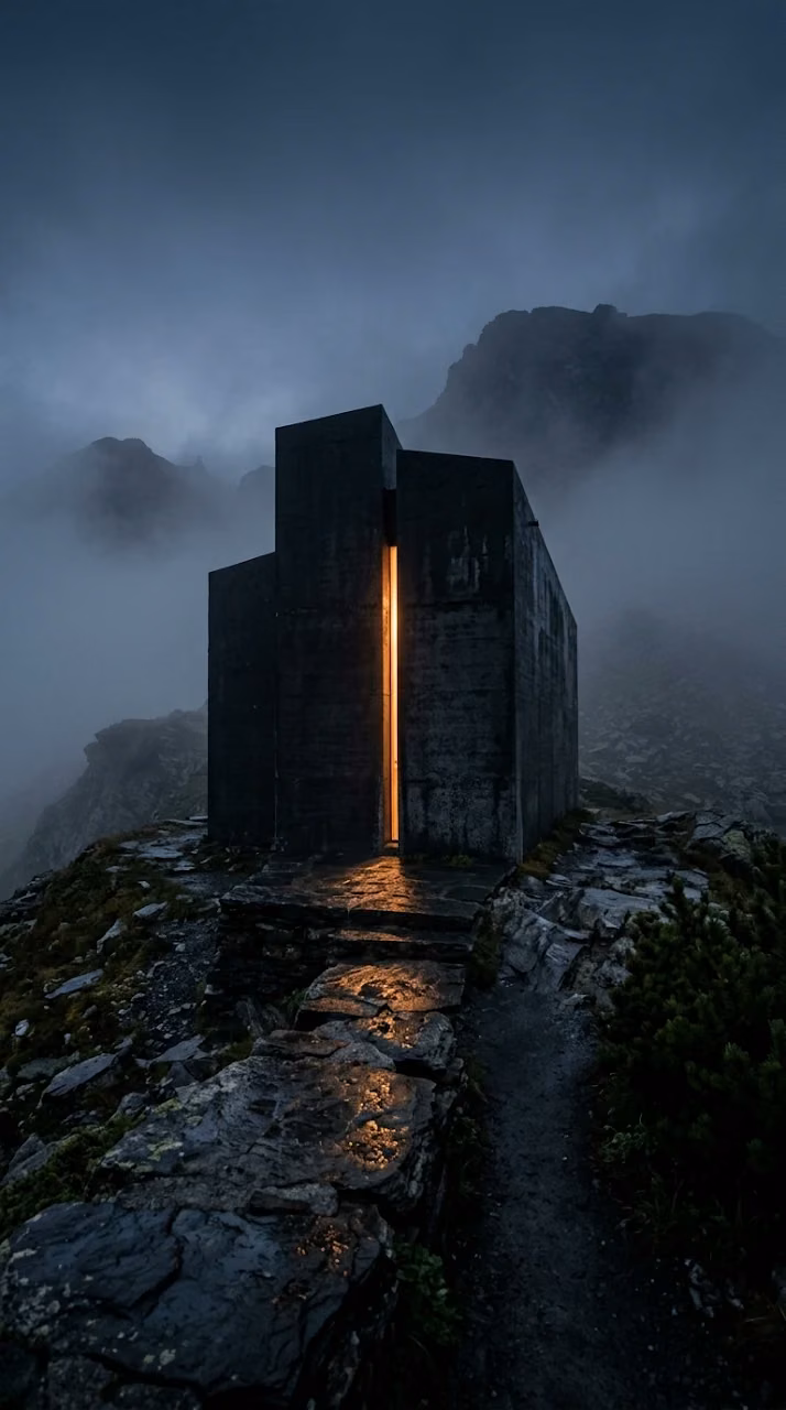 Download Cinematic Black Concrete Chapel in Fog Wallpaper Wallpaper in Mobile HD Cinematic Black Concrete Chapel in Fog Wallpaper - Free Mobile AMOLED Wallpaper Background