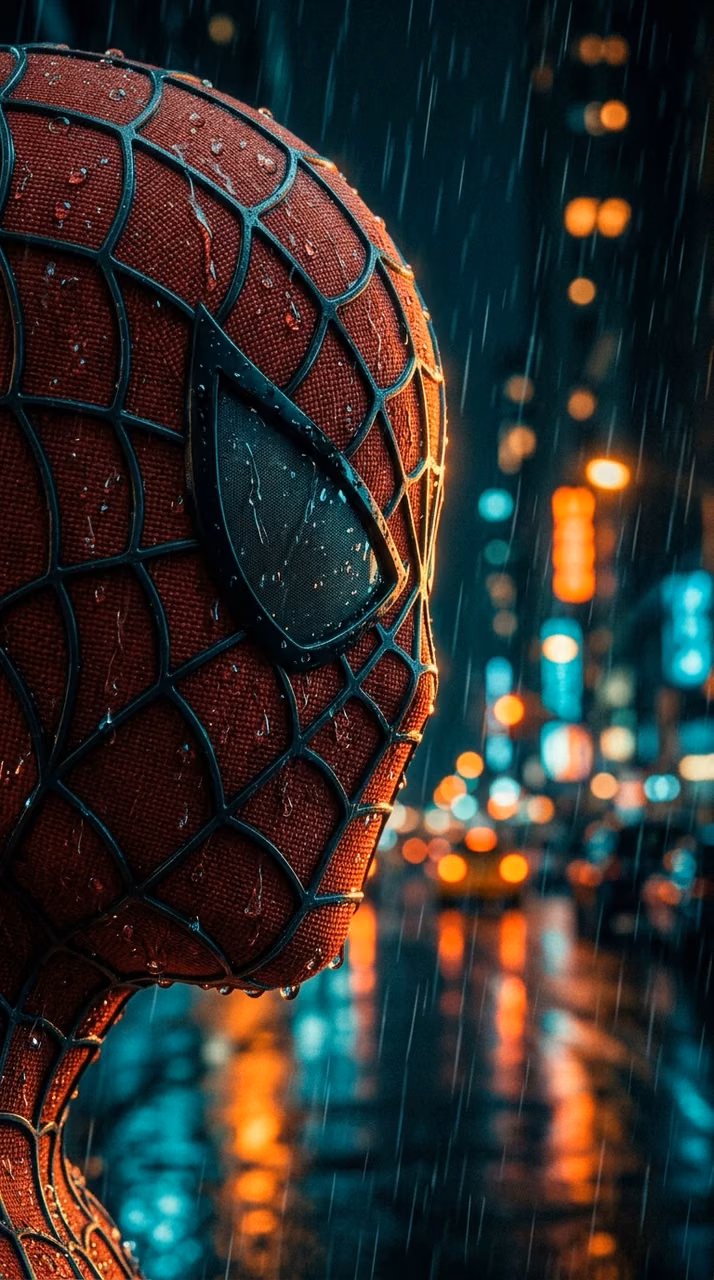 Cinematic Close-up of a Masked Superhero in the Rain at Night - Free Mobile AMOLED Wallpaper Background