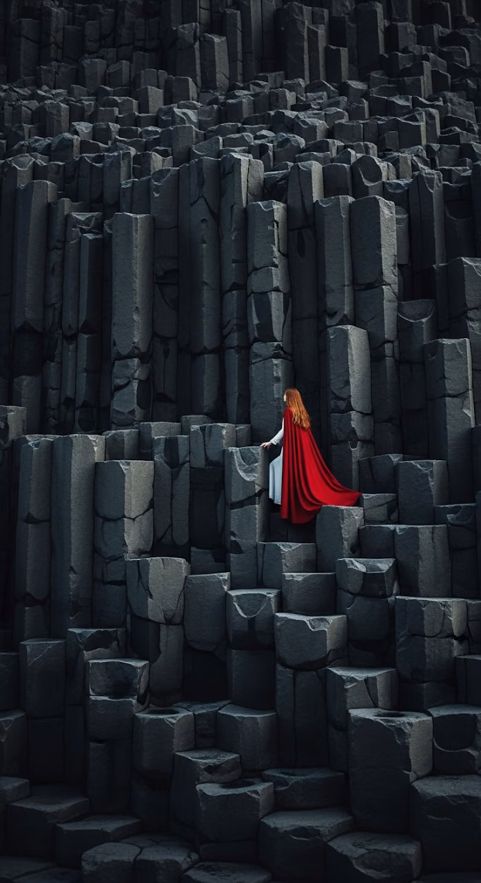 Download Cinematic Fantasy Photo of a Woman in a Red Cloak Climbing a Giant Wall of Dark Basalt Columns Wallpaper in Mobile HD Cinematic Fantasy Photo of a Woman in a Red Cloak Climbing a Giant Wall of Dark Basalt Columns - Free Mobile AMOLED Wallpaper Background