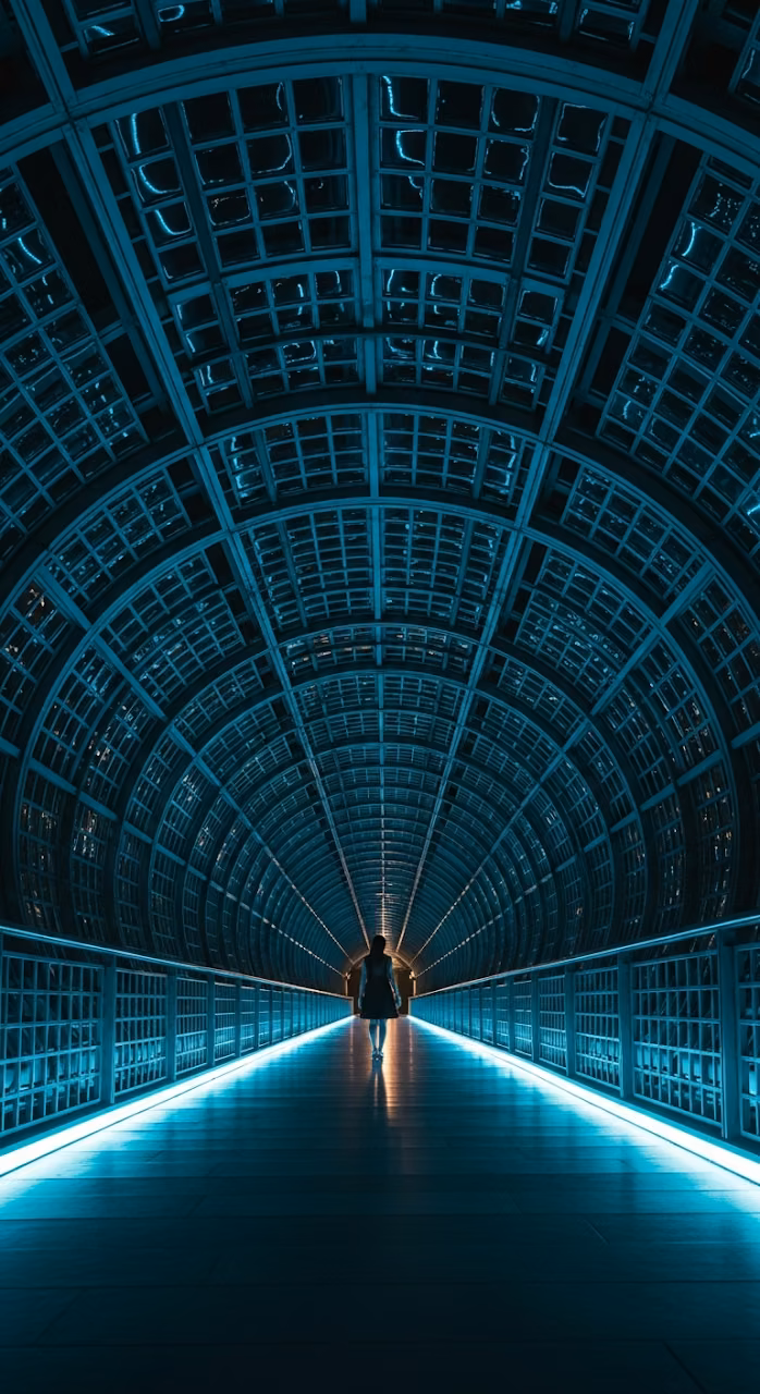 Download Cinematic Low-Angle of a Woman Walking in a Futuristic Symmetrical Metal Grid Pedestrian Tunnel Wallpaper in Mobile HD Cinematic Low-Angle of a Woman Walking in a Futuristic Symmetrical Metal Grid Pedestrian Tunnel - Free Mobile AMOLED Wallpaper Background