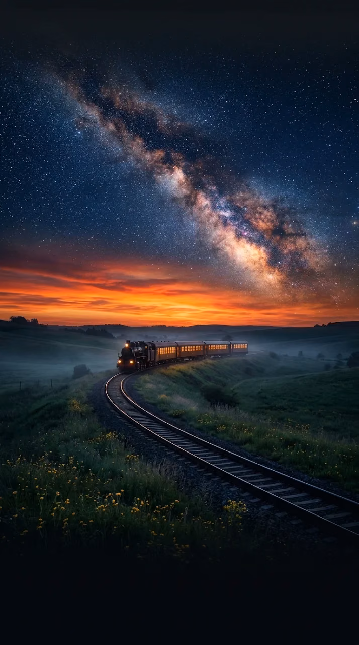 Download Cinematic Night Train Milky Way Sunset Wallpaper Wallpaper in Mobile HD Cinematic Night Train Milky Way Sunset Wallpaper - Free Mobile AMOLED Wallpaper Background