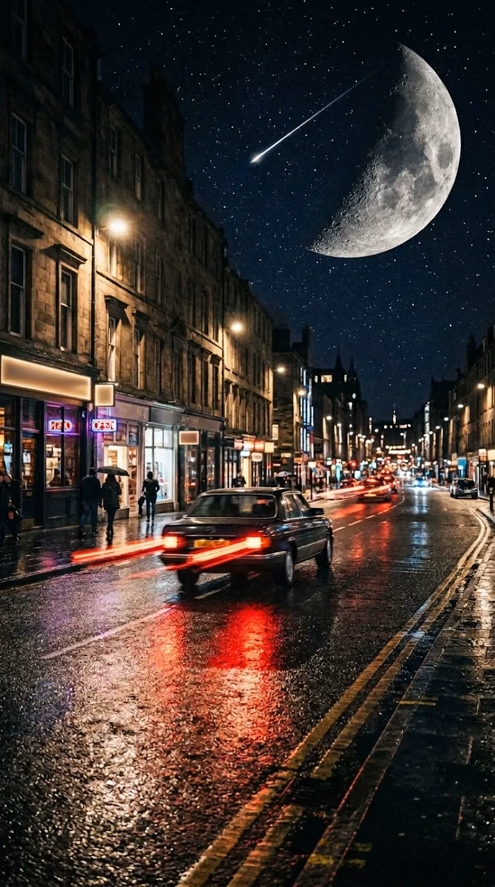 Cinematic Rainy Night City Street with Car and Crescent Moon - Free Mobile AMOLED Wallpaper Background