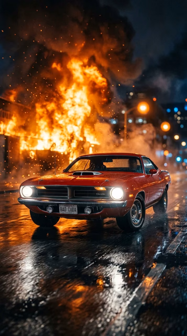 Download Cinematic Shot of a Red Muscle Car on a Wet City Street with Flames Wallpaper in Mobile HD Cinematic Shot of a Red Muscle Car on a Wet City Street with Flames - Free Mobile AMOLED Wallpaper Background