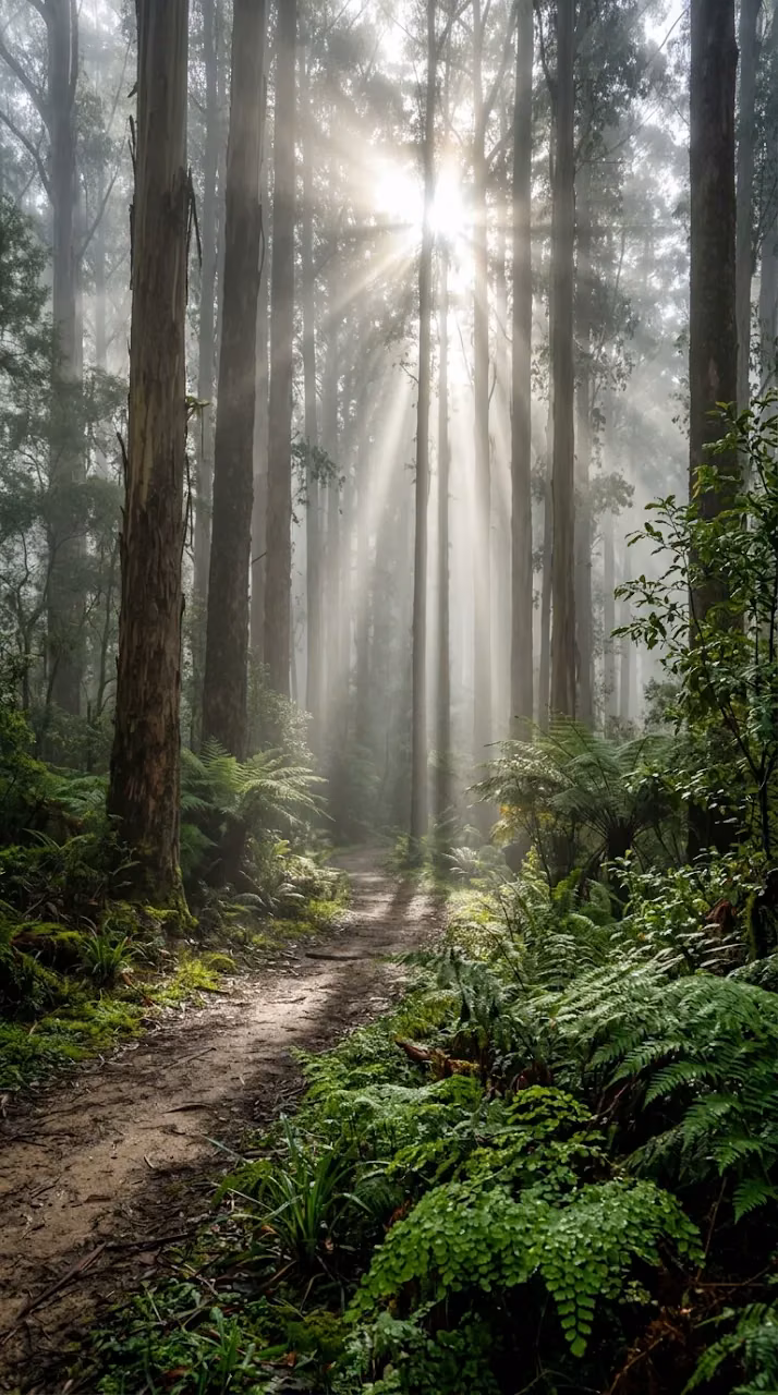 Cinematic Sun Rays Filtering Through Misty Eucalyptus Forest - Free Mobile AMOLED Wallpaper Background