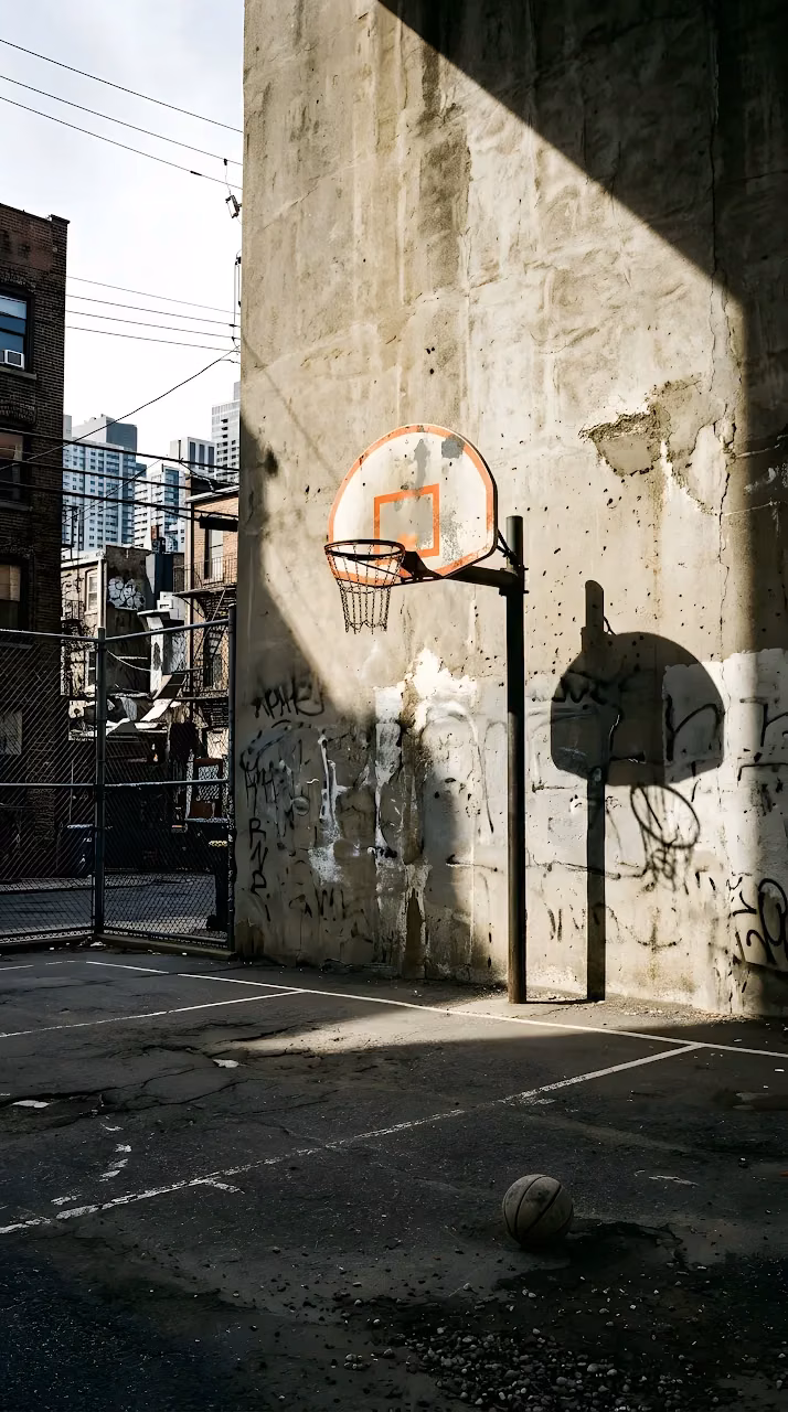 Cinematic Photo of an Urban Basketball Court with High Contrast Shadows and Light - Free Mobile AMOLED Wallpaper Background