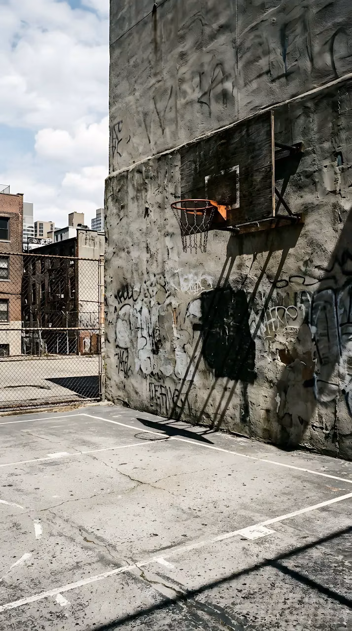Cinematic Photo of an Urban Basketball Court with High Contrast Shadows and Light - Free Mobile AMOLED Wallpaper Background