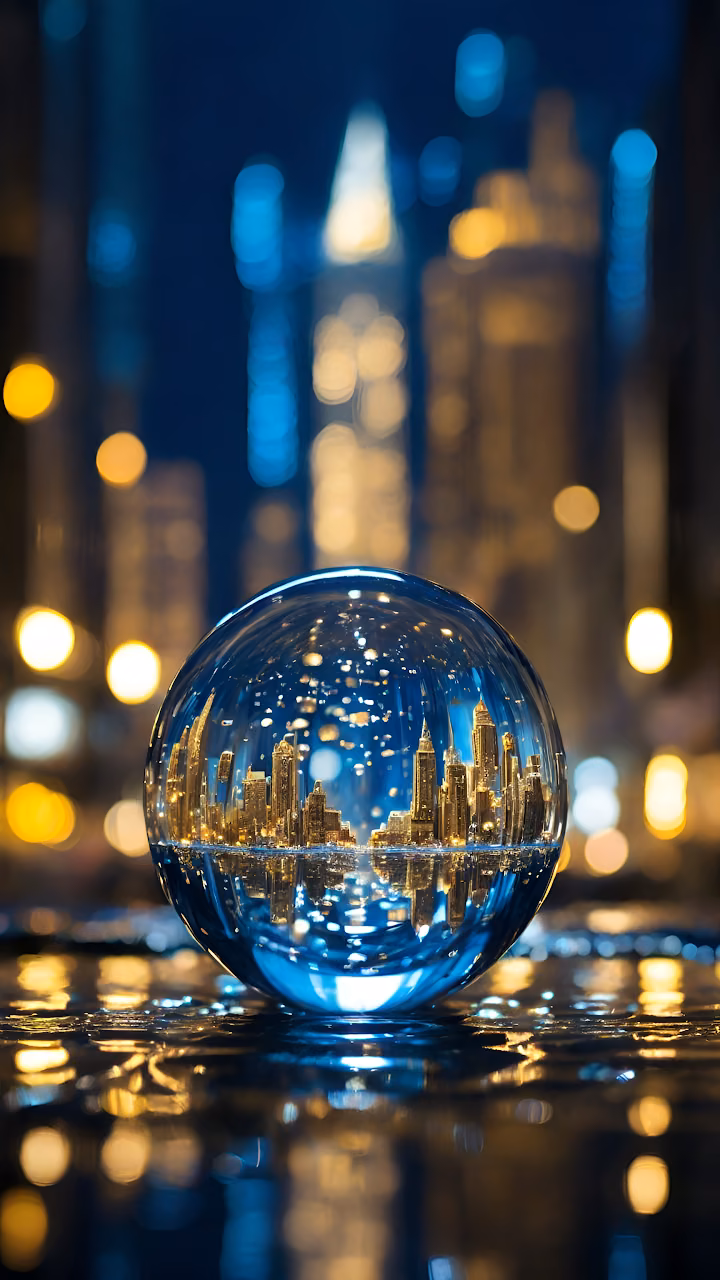 City Skyline Captured Inside Glowing Glass Sphere - Free Mobile AMOLED Wallpaper Background