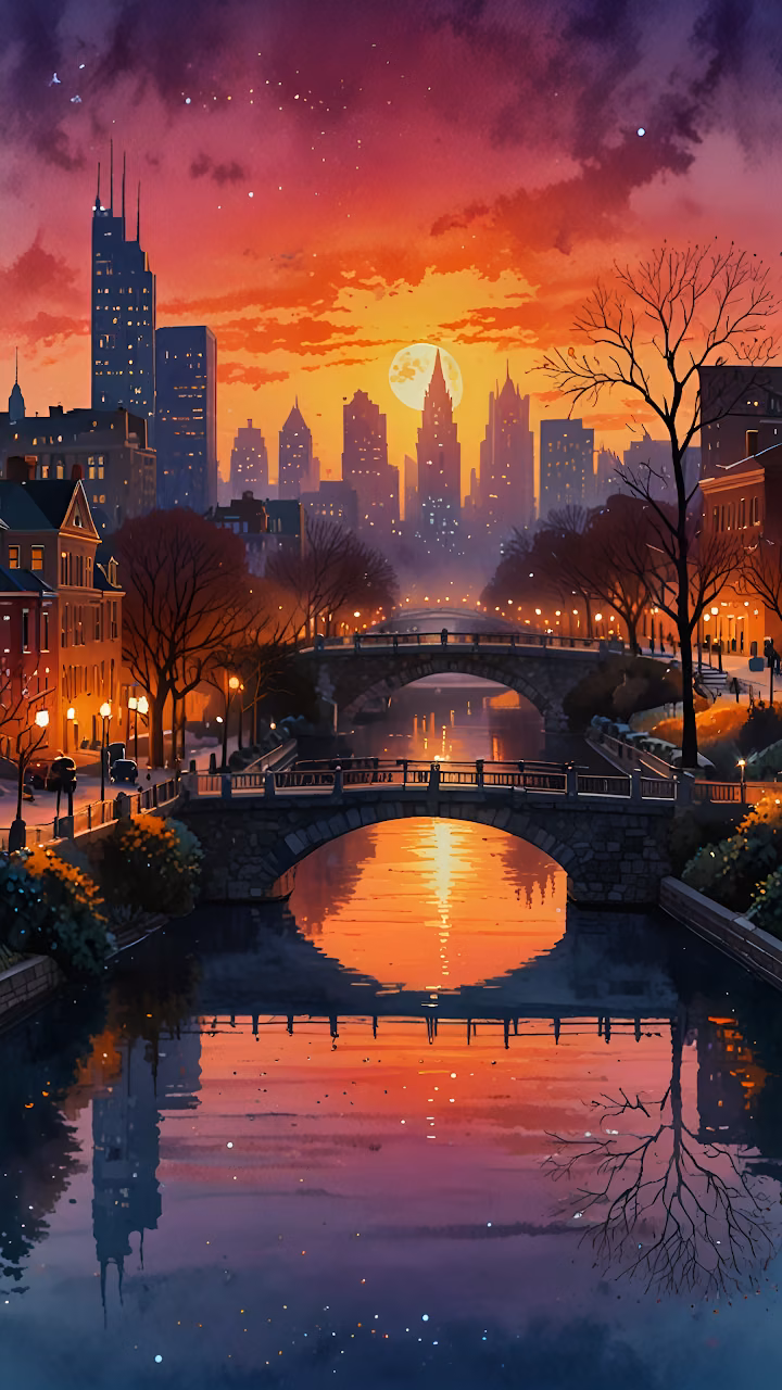 Download City Skyline at Sunset with Moon and River Reflection Wallpaper in Mobile HD City Skyline at Sunset with Moon and River Reflection - Free Mobile AMOLED Wallpaper Background
