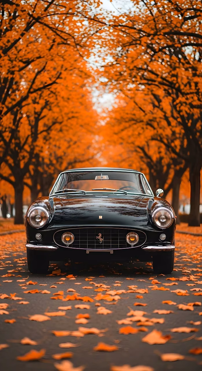 Download Classic Black Ferrari on Autumn Avenue Wallpaper in Mobile HD Classic Black Ferrari on Autumn Avenue - Free Mobile AMOLED Wallpaper Background
