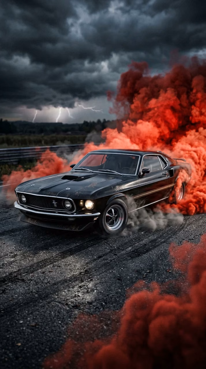 Classic Black Muscle Car in Red Smoke and Dark Storm - Free Mobile AMOLED Wallpaper Background