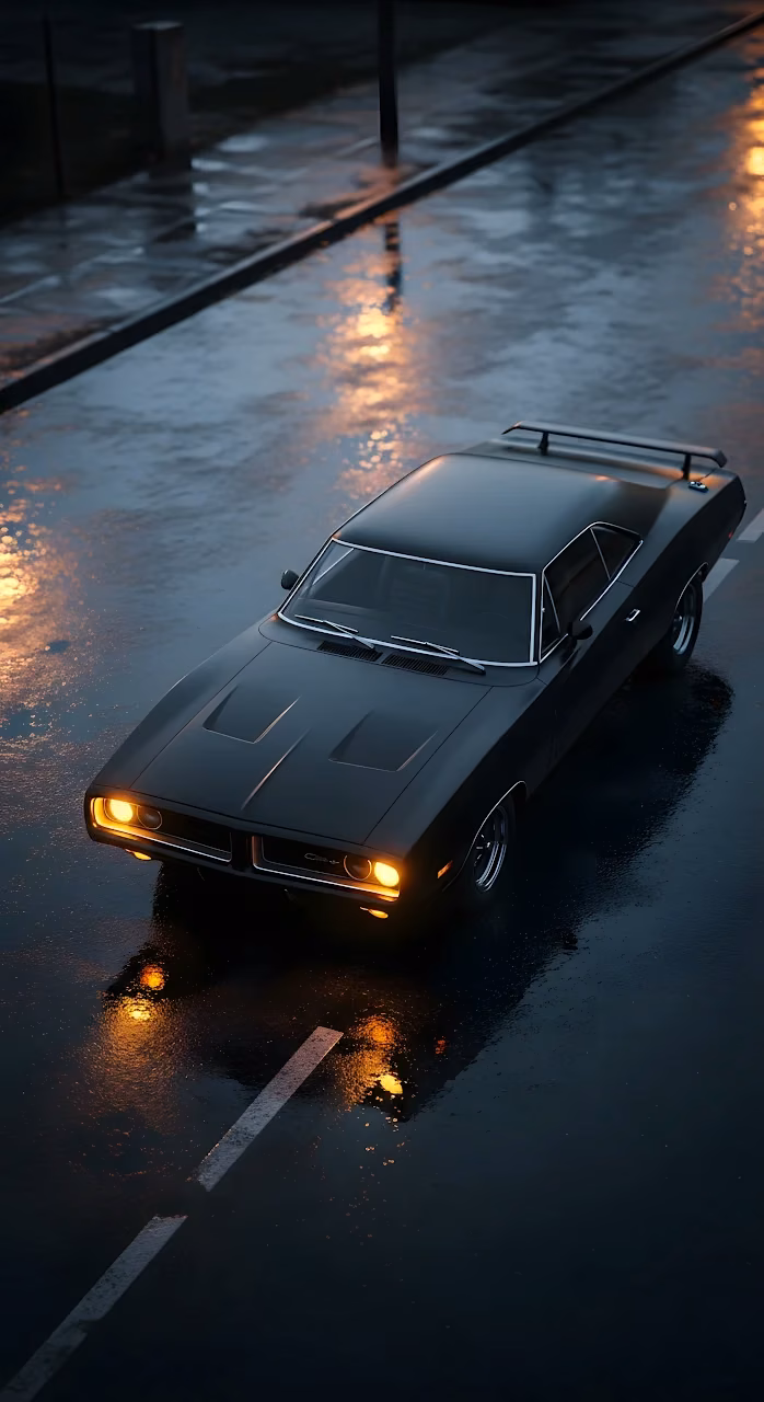 Classic Black Muscle Car on Wet Rainy Street at Night - Free Mobile AMOLED Wallpaper Background