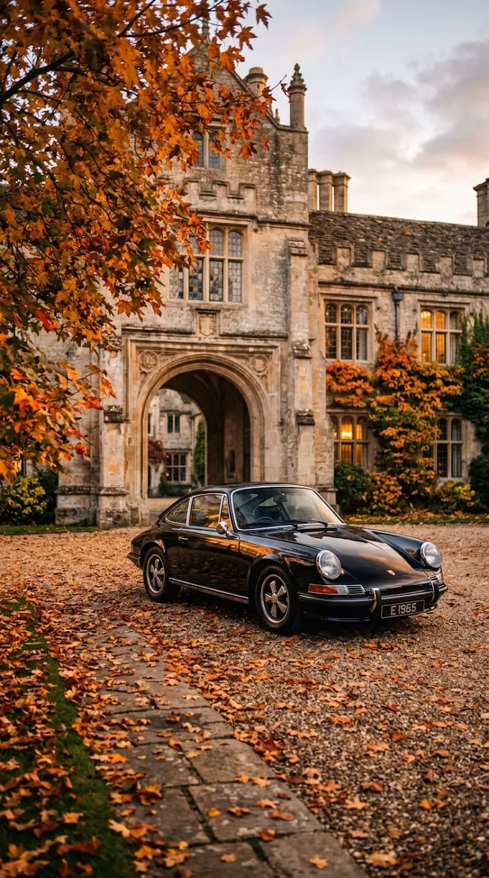 Classic Black Sports Car Parked at an Old Stone European Manor - Free Mobile AMOLED Wallpaper Background