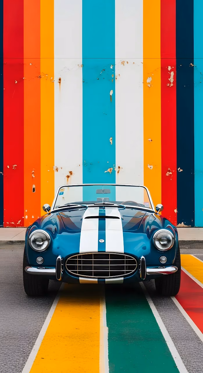 Download Classic Blue Sports Car Against Vibrant Striped Wall Art Wallpaper in Mobile HD Classic Blue Sports Car Against Vibrant Striped Wall Art - Free Mobile AMOLED Wallpaper Background