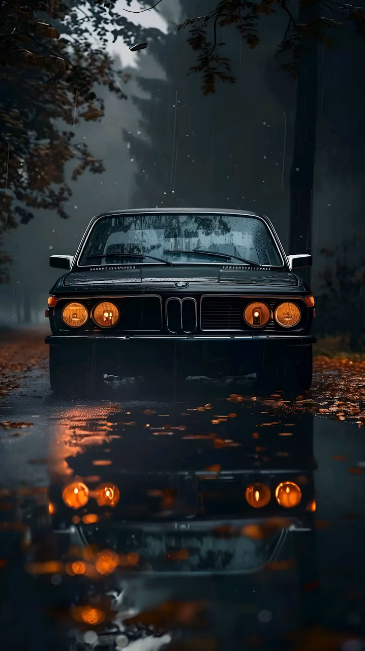 Download Classic BMW in Rainy Forest Path at Dusk Wallpaper in Mobile HD Classic BMW in Rainy Forest Path at Dusk - Free Mobile AMOLED Wallpaper Background