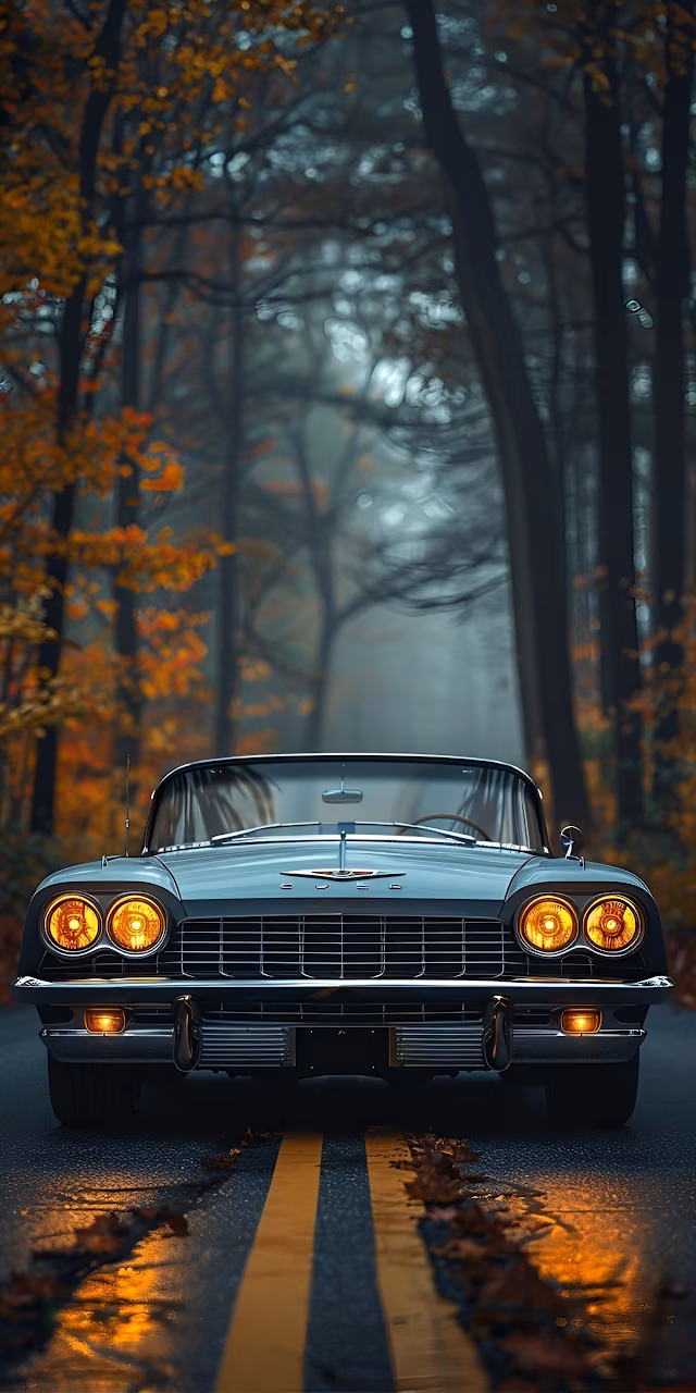 Download Classic Car on Autumn Forest Road at Dusk Wallpaper in Mobile HD Classic Car on Autumn Forest Road at Dusk - Free Mobile AMOLED Wallpaper Background